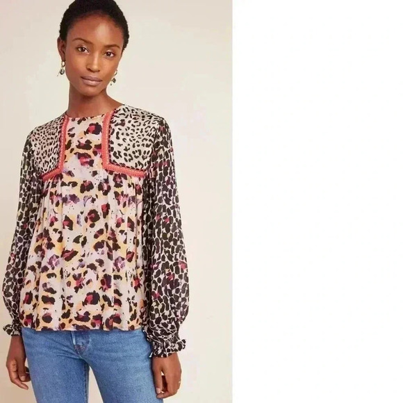 Anthropologie Bl-nk Joelle Leopard Peasant Blouse Size XS NWT - Picture 13 of 15